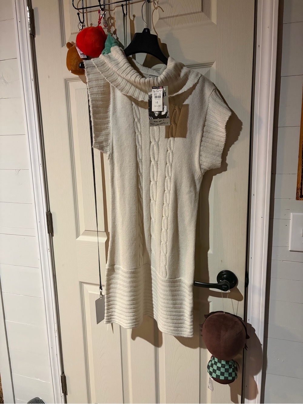 Cozy Cable-Knit Short Sleeve Turtleneck Sweater Dress - Cream